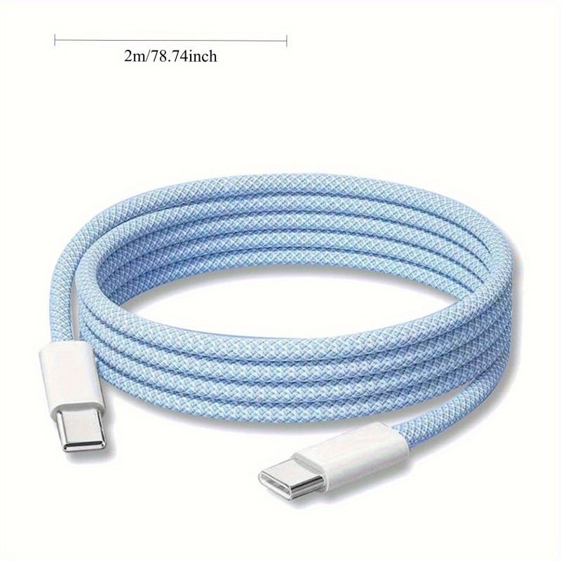 حزمة من 10 كابلات شحن سريع USB-C إلى USB-C بطول 78.74 بوصة باللون الأزرق بقدرة 60 واط متوافقة مع iPhone وiPad Pro وMacBook وهواتف سامسونج الذكية، تصميم شاحن حديث ومتين. - Image 2