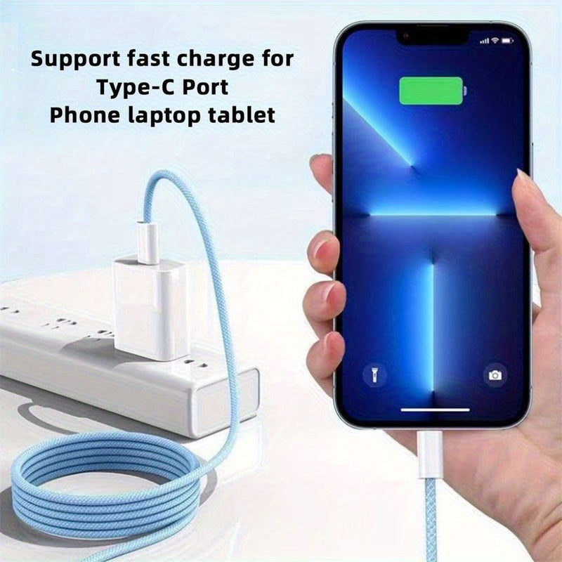 حزمة من 10 كابلات شحن سريع USB-C إلى USB-C بطول 78.74 بوصة باللون الأزرق بقدرة 60 واط متوافقة مع iPhone وiPad Pro وMacBook وهواتف سامسونج الذكية، تصميم شاحن حديث ومتين. - Image 3
