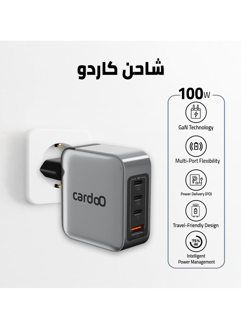 cardoO GaN Charger 100W – Triple USB-C & USB-A GaN Fast Charger – High-Power Laptop & Gaming Adapter – Ultra-Fast Multi-Port Charging – Safe & Travel-Ready – For Phones, Tablets & Laptops – Black - Image 2