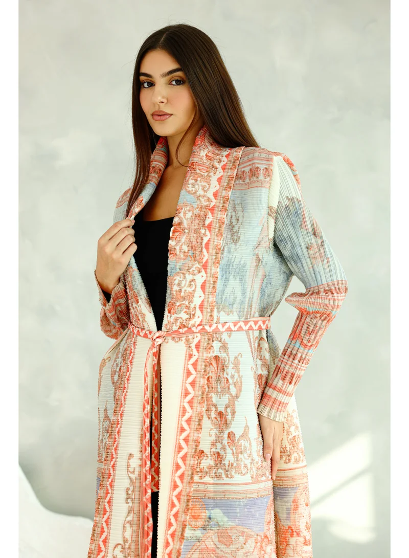 IKKXA Colorful Printed Light Colors Mid Belted Abaya