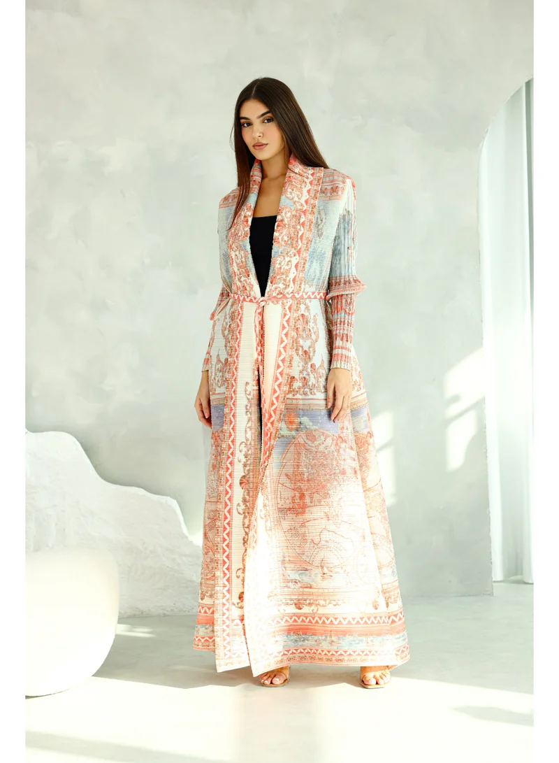 Colorful Printed Light Colors Mid Belted Abaya