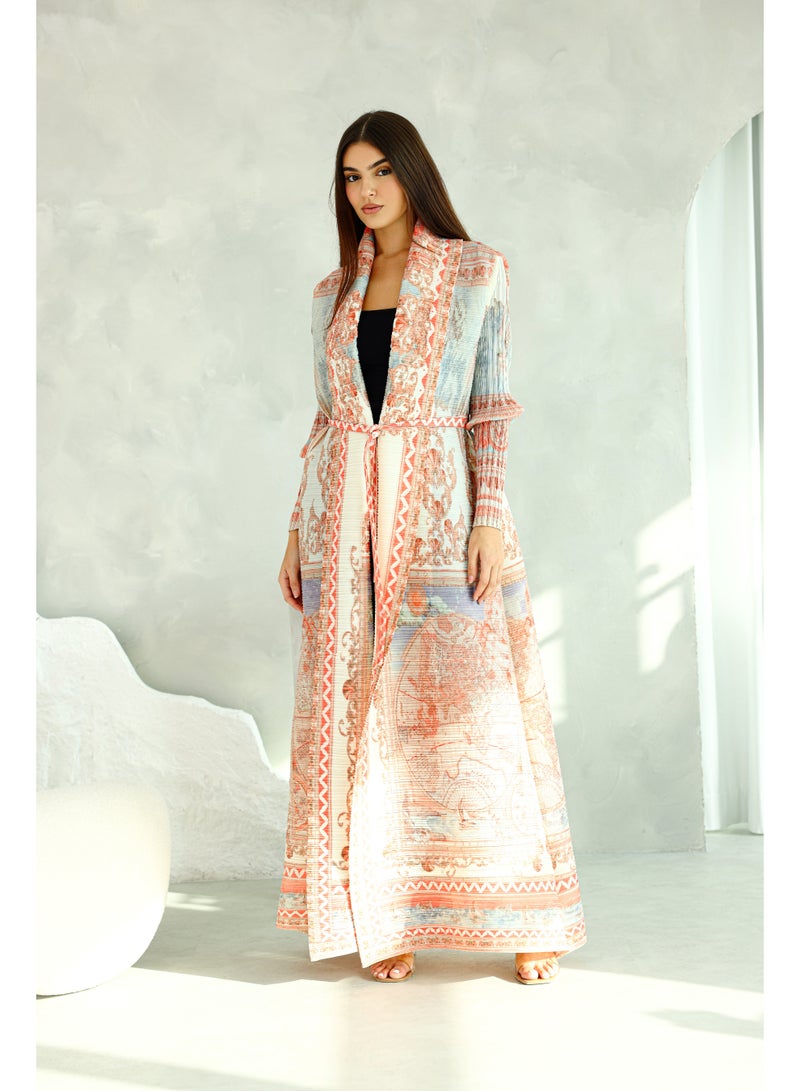 IKKXA Colorful Printed Light Colors Mid Belted Abaya - Image 1