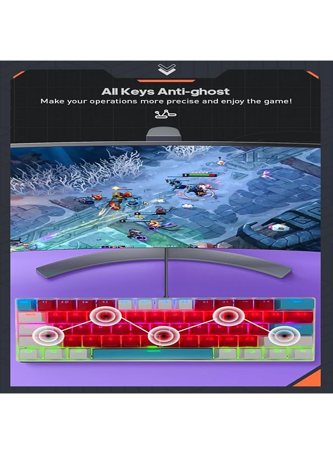 لوحة مفاتيح ألعاب RGB مكونة من 61 مفتاحًا، سلكية صغيرة مقاومة للماء بنسبة 60%، مع لوحة مفاتيح مضادة للظلال، وثلاثة أغطية مفاتيح ملونة مع مفتاح أحمر للاعبين (أحمر وأبيض وأزرق تيفاني) - Image 3