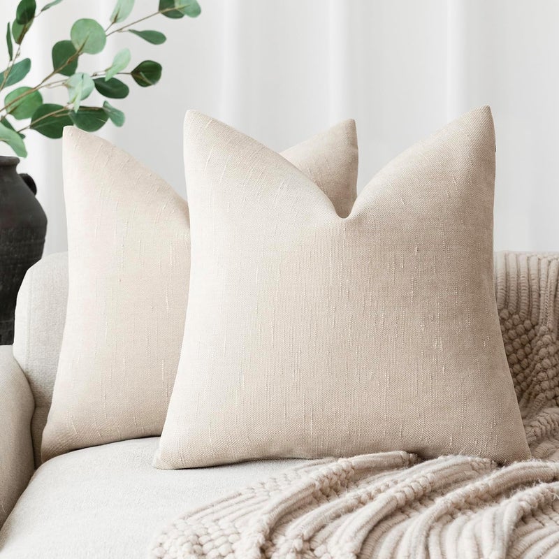 Foindtower Pack of 2 Soft Textured Throw Decorative Pillow Covers Square Accent Solid Cushion Cover Cozy Farmhouse Pillow Case with Zipper for Couch Sofa Bedroom Living Room 22x22 Inch, Light Beige - Image 1