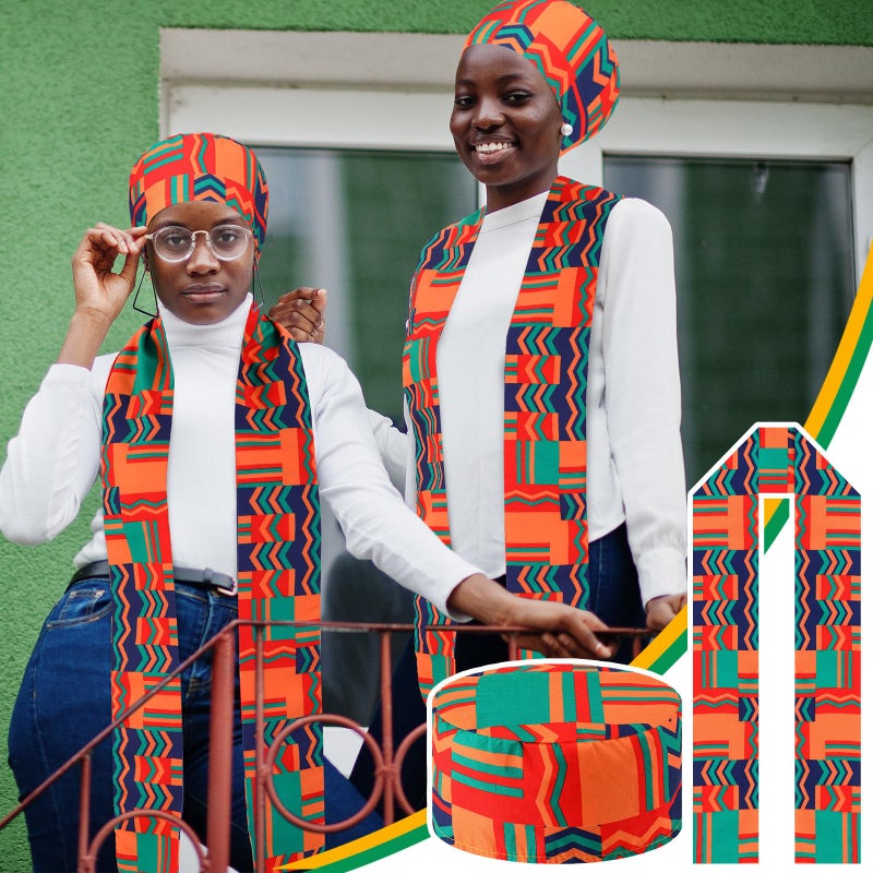 Chicingyou 2 Pcs African Kente Stole Kufi Hat Kente Sash Scarf Clothing Accessories for Black History Month Kwanzaa Gifts(Red Green Style) - Image 4