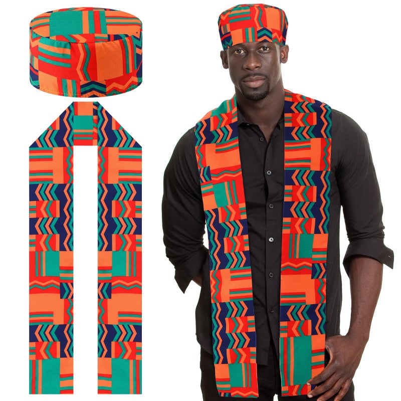 Chicingyou 2 Pcs African Kente Stole Kufi Hat Kente Sash Scarf Clothing Accessories for Black History Month Kwanzaa Gifts(Red Green Style) - Image 1