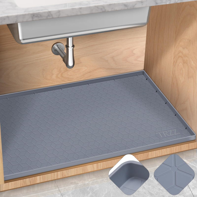 TRZZ Silicone Waterproof Under Sink Mat 31" x 22", Drip Tray and Cabinet Liner for Kitchen and Bathroom, Prevents Water Damage and Organizes Cabinets (Grey) - Image 1
