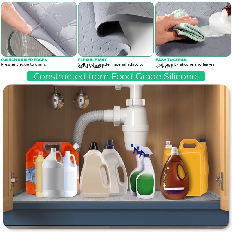 TRZZ Silicone Waterproof Under Sink Mat 31" x 22", Drip Tray and Cabinet Liner for Kitchen and Bathroom, Prevents Water Damage and Organizes Cabinets (Grey) - Image 3