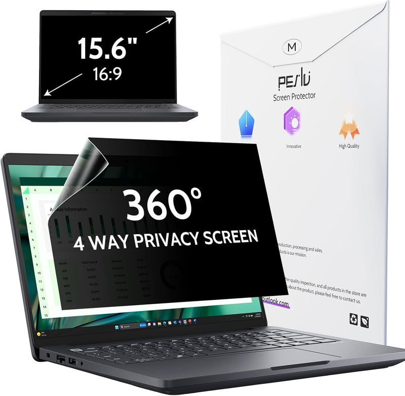 Peslv شاشة خصوصية للابتوب من بزاوية 360° بأربع اتجاهات لشاشة كمبيوتر 15.6 بوصة بنسبة عرض إلى ارتفاع 16:9، فلتر خصوصية مضاد للوهج والضوء الأزرق ومضاد للتجسس، واقي أمان أسود خالٍ من الفقاعات - Image 1