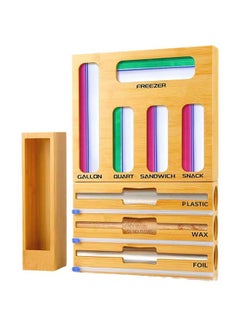 Hihonor Foil and plastic Wrap Organizer with Cutter, 9 in 1 Ziplock Bag Storage Organizer, Plastic Wrap Dispenser, Wall Mountable Bamboo Drawer Organizer Bag Holder, 12" Rolls  - Image 1