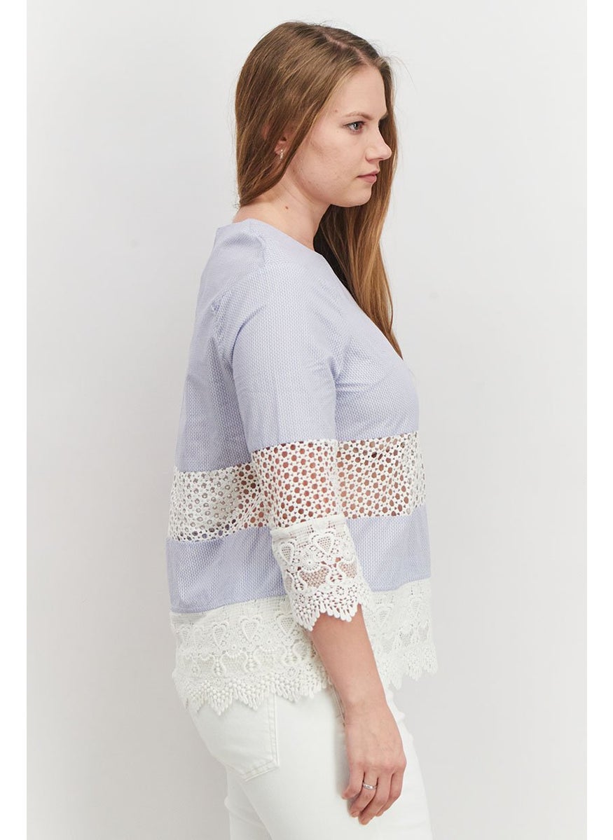French Connection - Women Round Neck Long Sleeve Microdot Top, Blue and White - Image 1