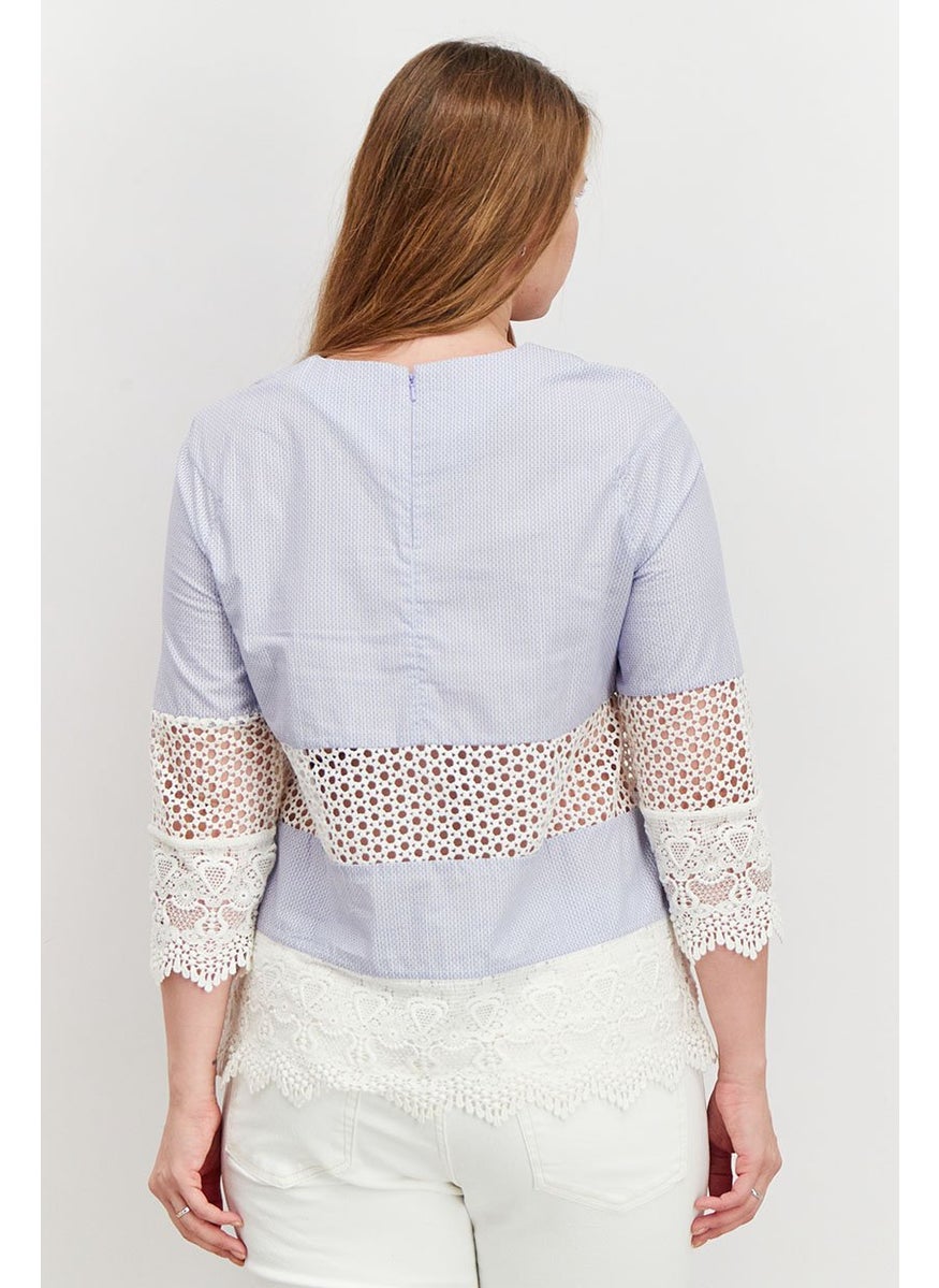 French Connection - Women Round Neck Long Sleeve Microdot Top, Blue and White - Image 1