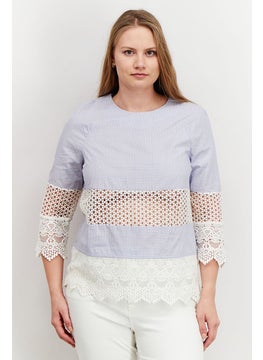 Women Round Neck Long Sleeve Microdot Top, Blue and White