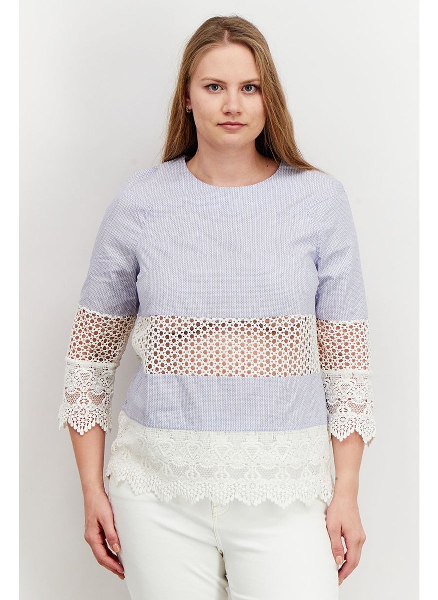 French Connection - Women Round Neck Long Sleeve Microdot Top, Blue and White - Image 1