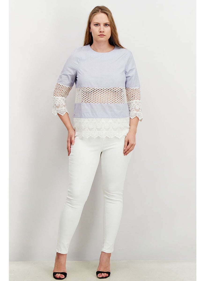 French Connection - Women Round Neck Long Sleeve Microdot Top, Blue and White - Image 1