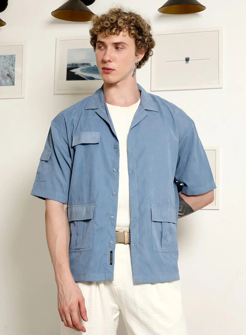 Campus Sutra Men's Blue Cuban Collar Relaxed Fit Shirt With Flap Pockets