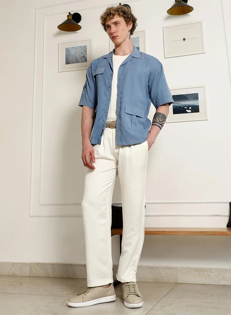 Campus Sutra Men's Blue Cuban Collar Relaxed Fit Shirt With Flap Pockets