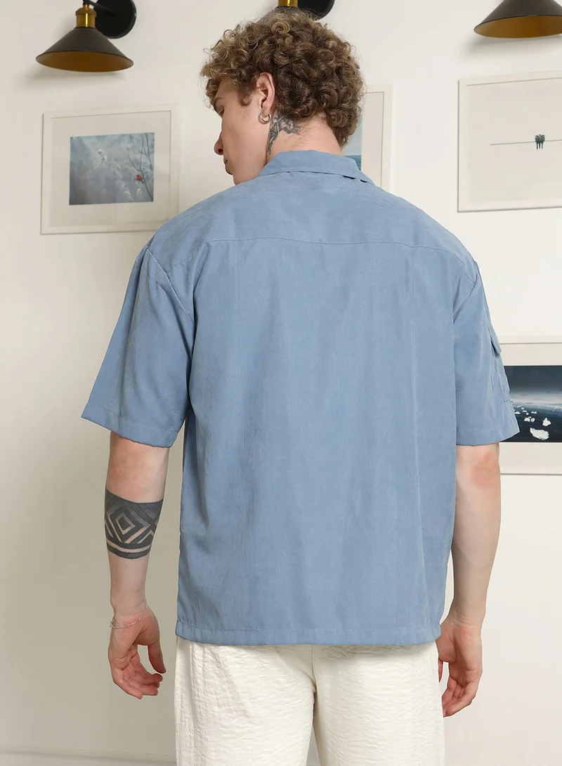 Campus Sutra Men's Blue Cuban Collar Relaxed Fit Shirt With Flap Pockets