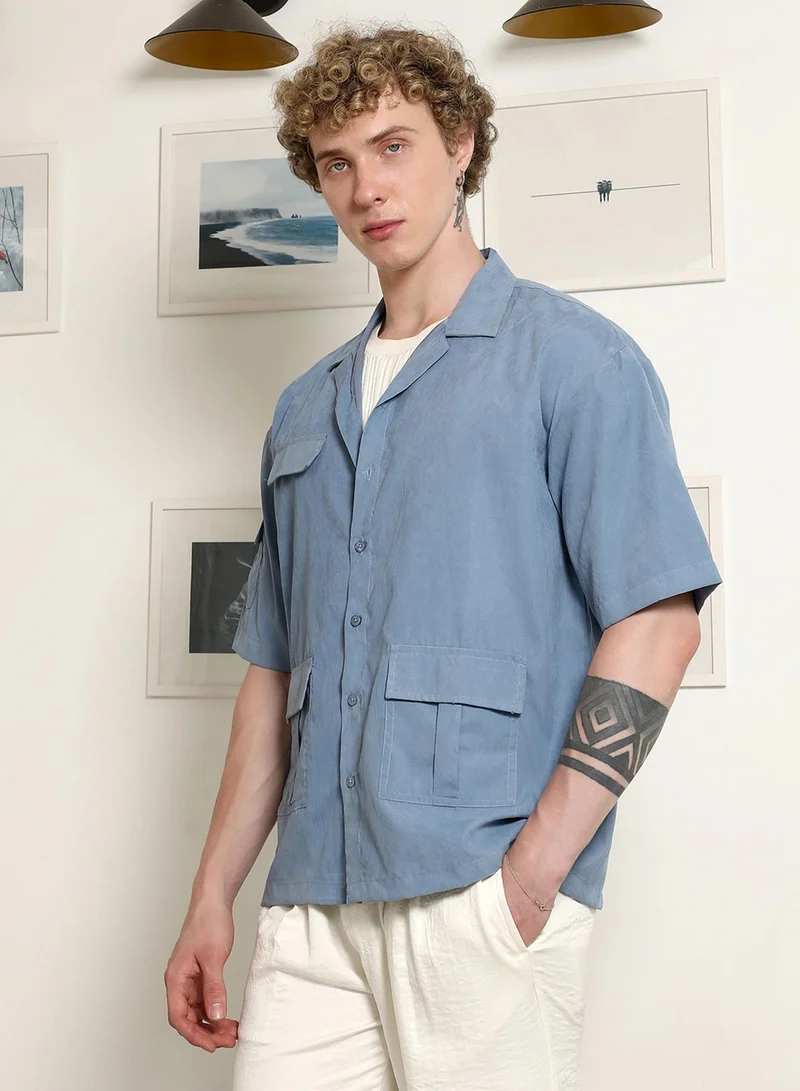 Campus Sutra Men's Blue Cuban Collar Relaxed Fit Shirt With Flap Pockets