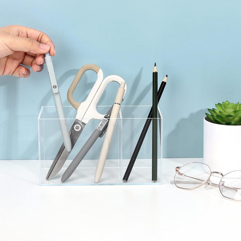 Uquelic Acrylic Pen Pencil Holder, 2 Compartments Clear Pen Pot - Desktop Stationery Storage Makeup Brushes Holder for Desk, Acrylic Organiser Pen Holder Desk Tidy - Image 4