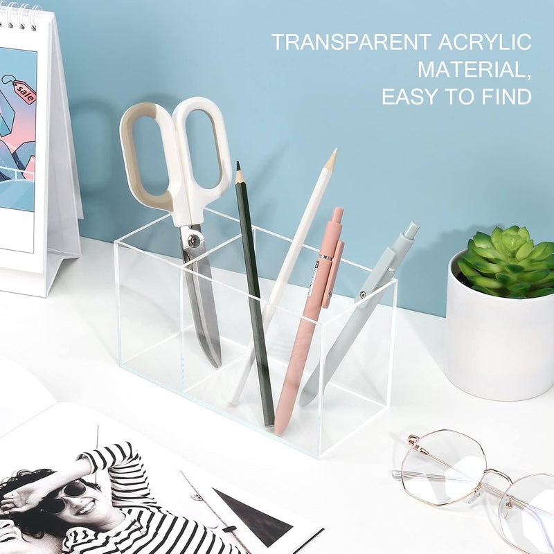 Uquelic Acrylic Pen Pencil Holder, 2 Compartments Clear Pen Pot - Desktop Stationery Storage Makeup Brushes Holder for Desk, Acrylic Organiser Pen Holder Desk Tidy - Image 2
