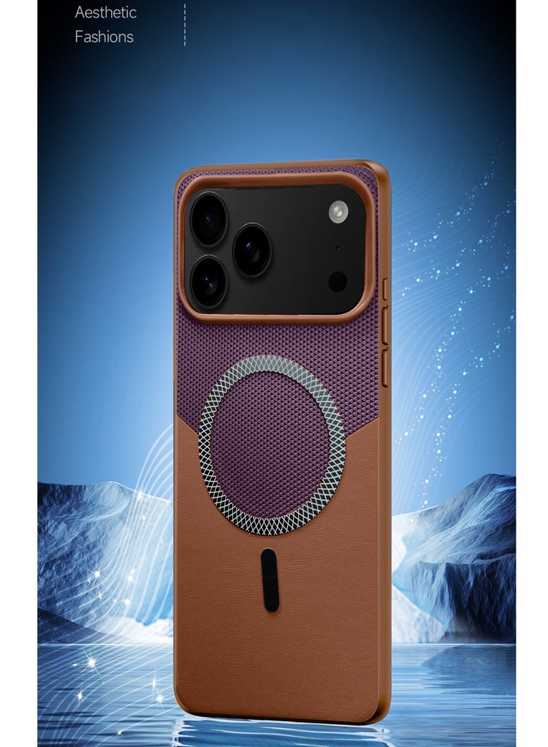Wtech Apple iPhone 17 Pro 5G 2025 Luxury Leather Spliced with Durable Protection Magsafe Phone Case Cover (MCMPMN) - Purple/Brown - Image 4