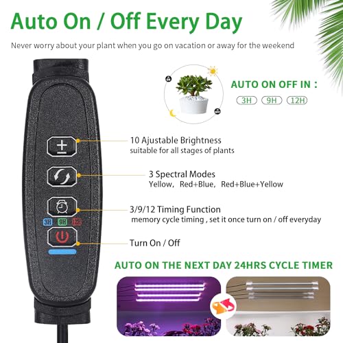 RWNTAO Four Strip Growing Lamp for Indoor Plants, Red & Blue & Yellow Full Spectrum LED Grow Light Strips with Auto ON/Off 3/9/12H Timer,10 Dimmable Levels for Green House Succulent (13 in) - Image 2