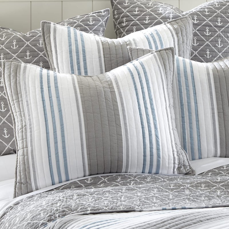Levtex Home Provincetown Standard Sham by Levtex Home - Striped Coastal - Grey  White  and Blue - (26x20in.) - Reversible - Cotton  - Image 2