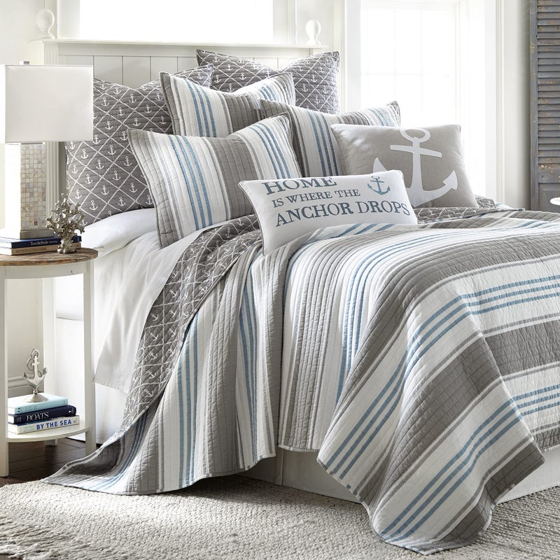 Levtex Home Provincetown Standard Sham by Levtex Home - Striped Coastal - Grey  White  and Blue - (26x20in.) - Reversible - Cotton  - Image 3