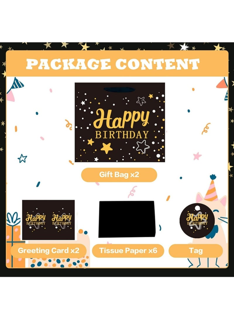 YOUGE 2Pcs 13" Large Happy Birthday Gift Bag Set with Greeting Card, Tissue Papers, Party Favor Bag Set Supplies with Letter Gold Stars Pattern, Black Package for Men, Girls and Kid (Black Gold Stars Theme) - Image 3