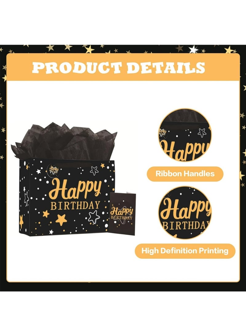 YOUGE 2Pcs 13" Large Happy Birthday Gift Bag Set with Greeting Card, Tissue Papers, Party Favor Bag Set Supplies with Letter Gold Stars Pattern, Black Package for Men, Girls and Kid (Black Gold Stars Theme) - Image 4