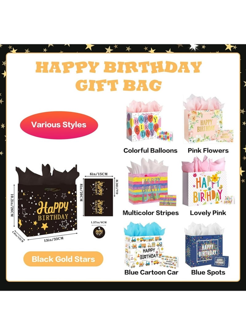YOUGE 2Pcs 13" Large Happy Birthday Gift Bag Set with Greeting Card, Tissue Papers, Party Favor Bag Set Supplies with Letter Gold Stars Pattern, Black Package for Men, Girls and Kid (Black Gold Stars Theme) - Image 2