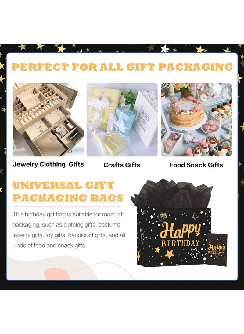 YOUGE 2Pcs 13" Large Happy Birthday Gift Bag Set with Greeting Card, Tissue Papers, Party Favor Bag Set Supplies with Letter Gold Stars Pattern, Black Package for Men, Girls and Kid (Black Gold Stars Theme) - Image 5