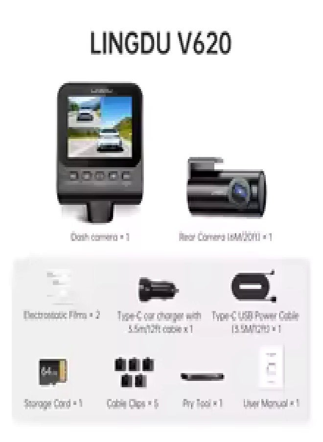 LINGDU - V620 Dash Cam 4K Front and Rear 1080P,Dual Camera for Cars,2.4”Screen Dash Cam with Rear Cam Car DVR,ADAS Support,Built-in GPS,WiFi6,Bluetooth,Sets 24-hours Parking Monitor,Dash cam with Voice Control and App Control,60fps Maximum Video Transmission Frame Rate - Image 1
