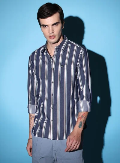 The Indian Garage Co Men Slim Fit Striped Full Sleeves Cutaway Collar Casual Shirt