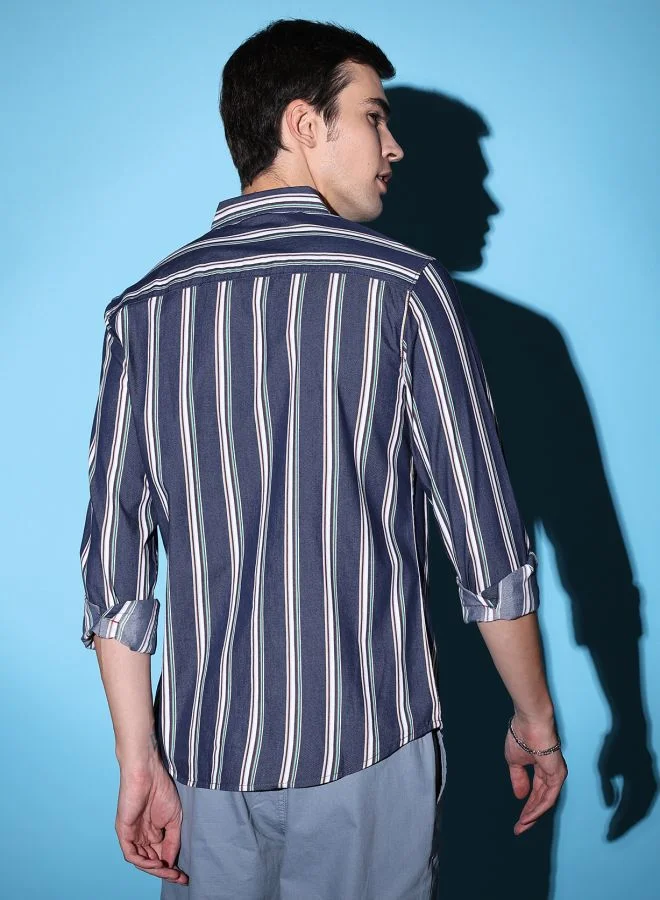 The Indian Garage Co Men Slim Fit Striped Full Sleeves Cutaway Collar Casual Shirt