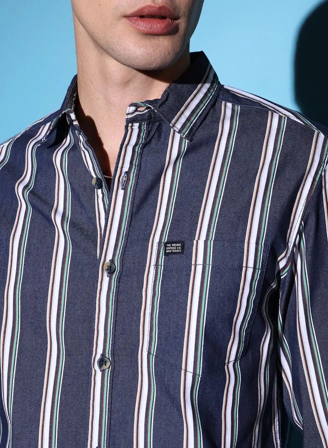 The Indian Garage Co Men Slim Fit Striped Full Sleeves Cutaway Collar Casual Shirt