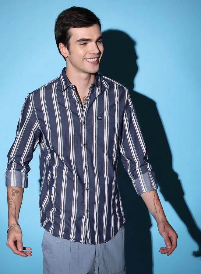 The Indian Garage Co Men Slim Fit Striped Full Sleeves Cutaway Collar Casual Shirt