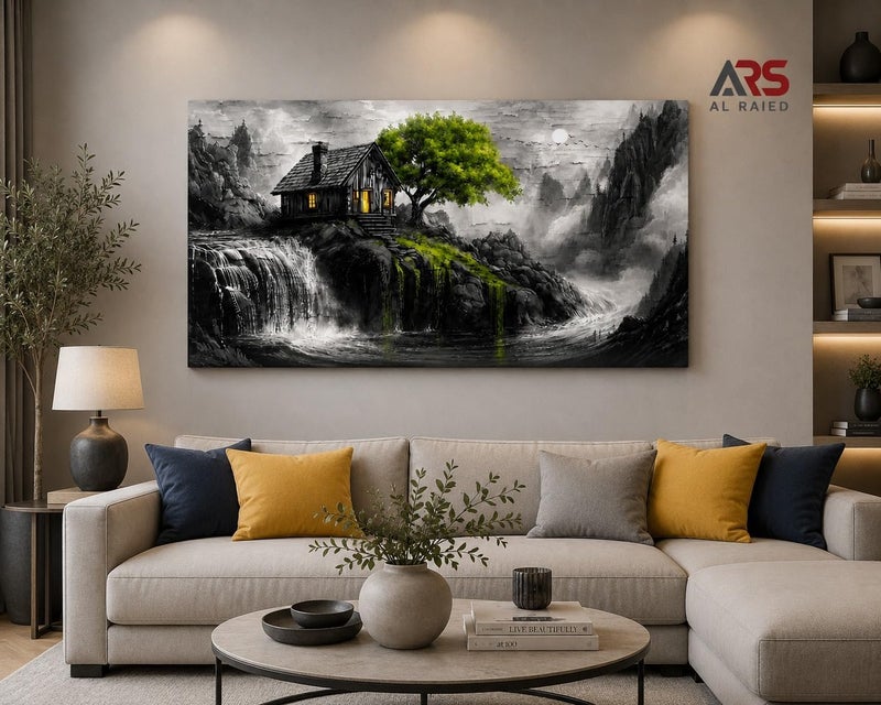 ARS Graphics ARS® Canvas Wall Art 60 X 90 CM Mountain Landscape Painting with Cabin, Green Tree, and Waterfall - Image 2