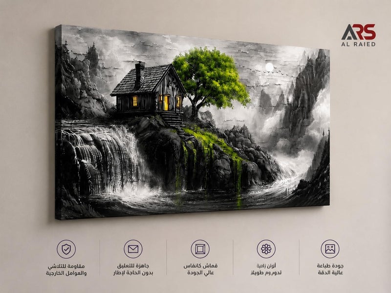 ARS Graphics ARS® Canvas Wall Art 60 X 90 CM Mountain Landscape Painting with Cabin, Green Tree, and Waterfall - Image 3