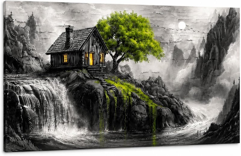 ARS Graphics ARS® Canvas Wall Art 60 X 90 CM Mountain Landscape Painting with Cabin, Green Tree, and Waterfall - Image 1