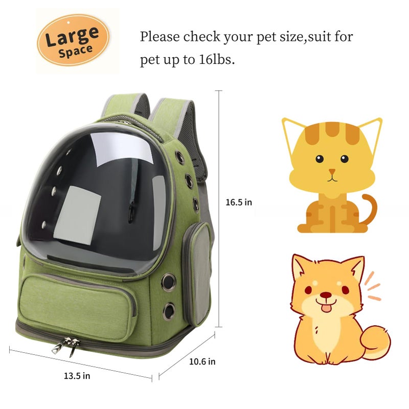 Miaoaws Cat Bubble Backpack,Breathable Cat Backpack Carrier Large Space Pet Travel Carrier for Kitty Small Dogs up to 15lbs,Transparent Cat Carrier for Hiking Camping Outdoor Travel (Green) - Image 2
