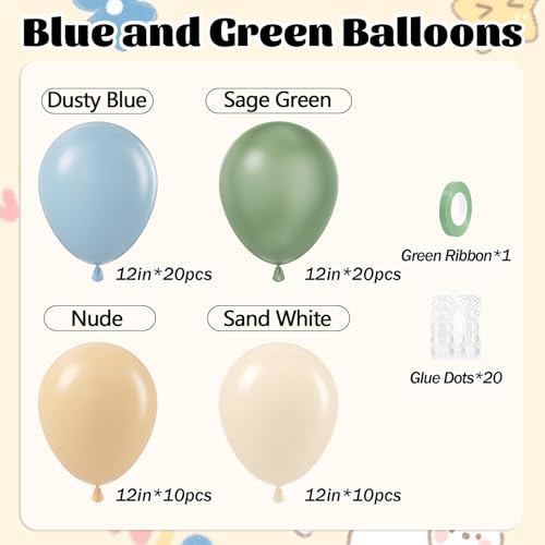 awenztech 60pcs Sage Green Dusty Blue Balloons 12inch Blue and Green Balloon with Nude Sand White Balloons for Wedding Anniversary Baby Shower Birthday Party Decorations - Image 5