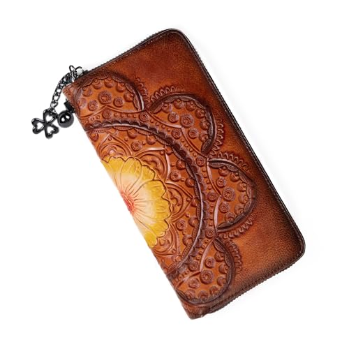SHARPAD Wallet Genuine Leather for Women - with RFID Blocking Card checkbook ID Slot Large Capacity Vintage style (sunflower brown) - Image 1