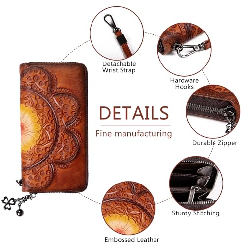 SHARPAD Wallet Genuine Leather for Women - with RFID Blocking Card checkbook ID Slot Large Capacity Vintage style (sunflower brown) - Image 4