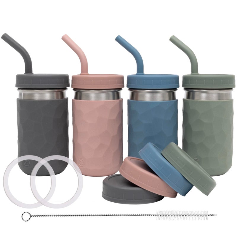 WeeSprout 2in1 Drinking Cups for Kids Durable Stainless Steel Tumbler for Smoothies Silicone Straws with Stoppers Premium Plastic Twist Lids EasyGrip Sleeves Set of 4 Dishwasher Safe Kid Cups