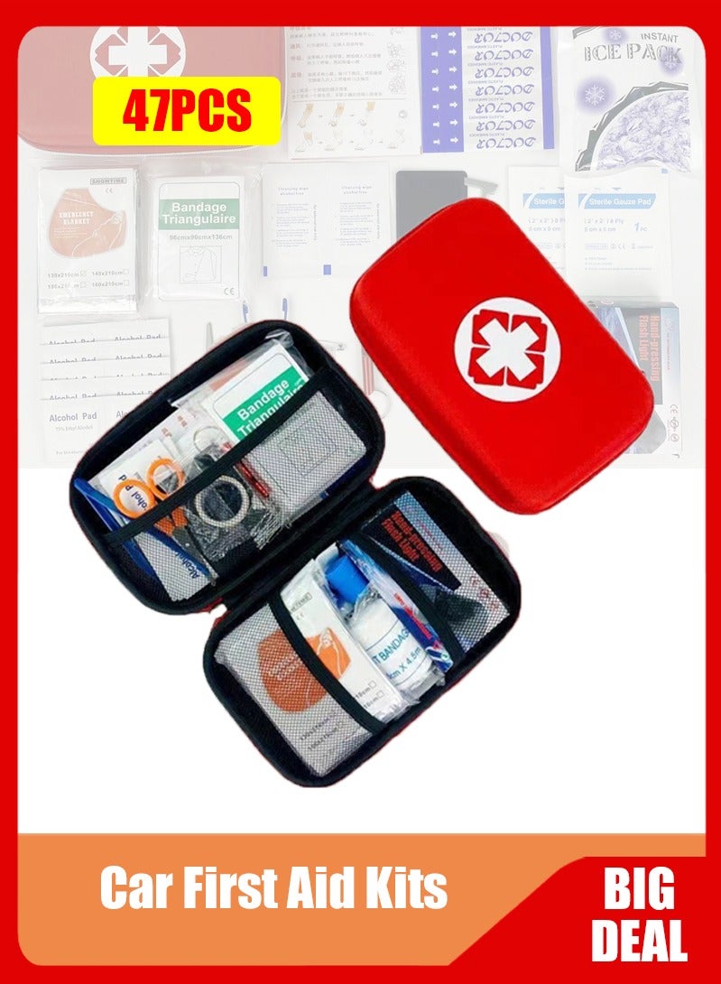 47 قطعة طقم إسعافات أولية ， طقم إسعافات أولية للسيارة ， أدوات إسعافات أولية نظيفة تعالج الجروح الطفيفة وتحمي الجروح البسيطة في المنزل للمشي لمسافات طويلة وحقائب الظهر والتخييم (أحمر) - Image 1