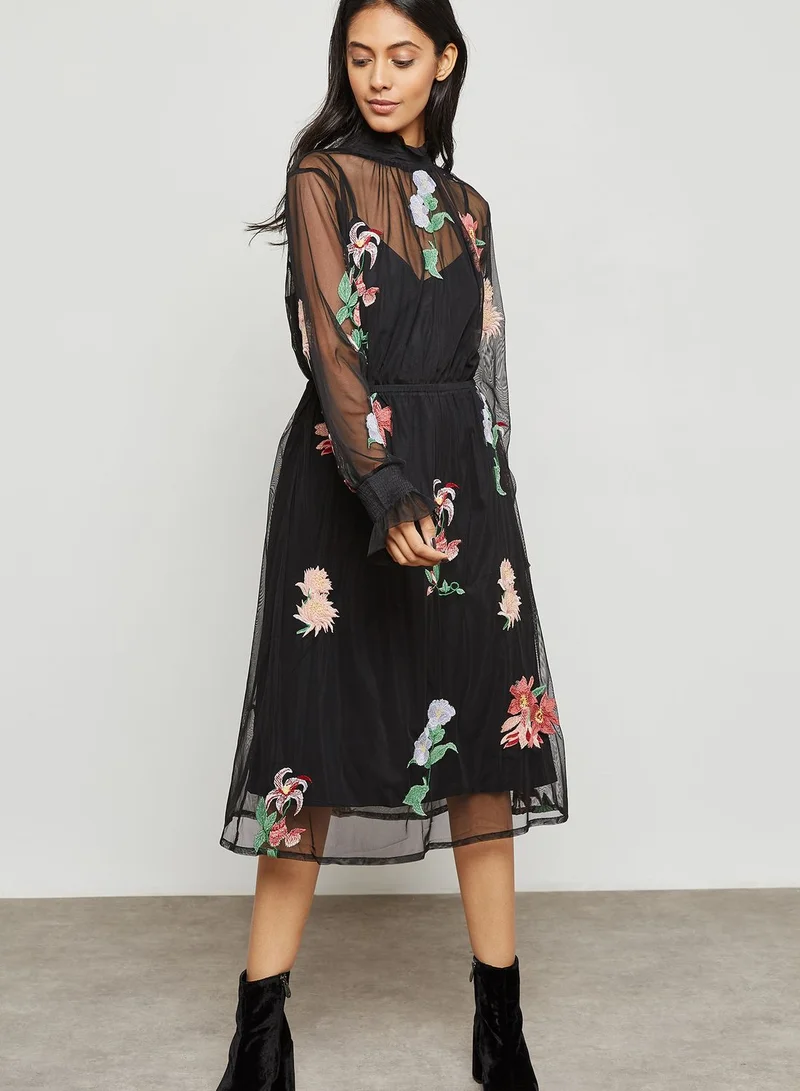 Neon Rose Embroidered Mesh Dress