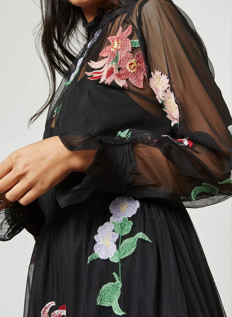 Neon Rose Embroidered Mesh Dress