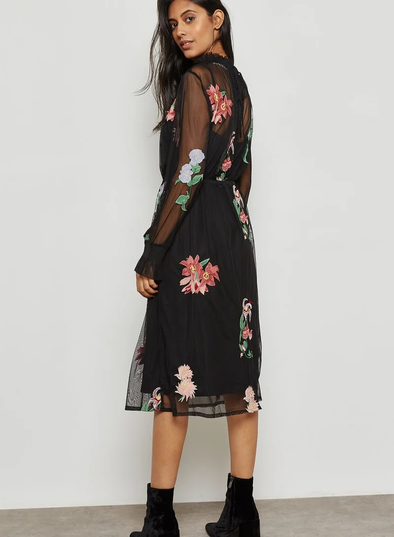 Neon Rose Embroidered Mesh Dress
